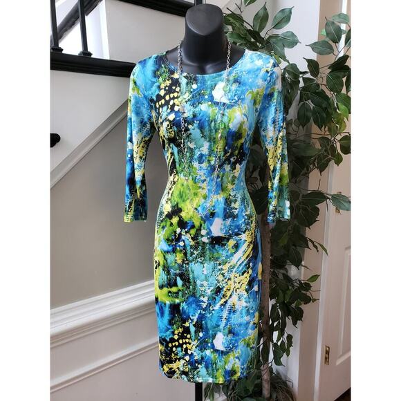 Womens Knee Length Bodycon Dress Medium Multi Polyester 3/4 Sleeve Round Neck - Picture 1 of 10